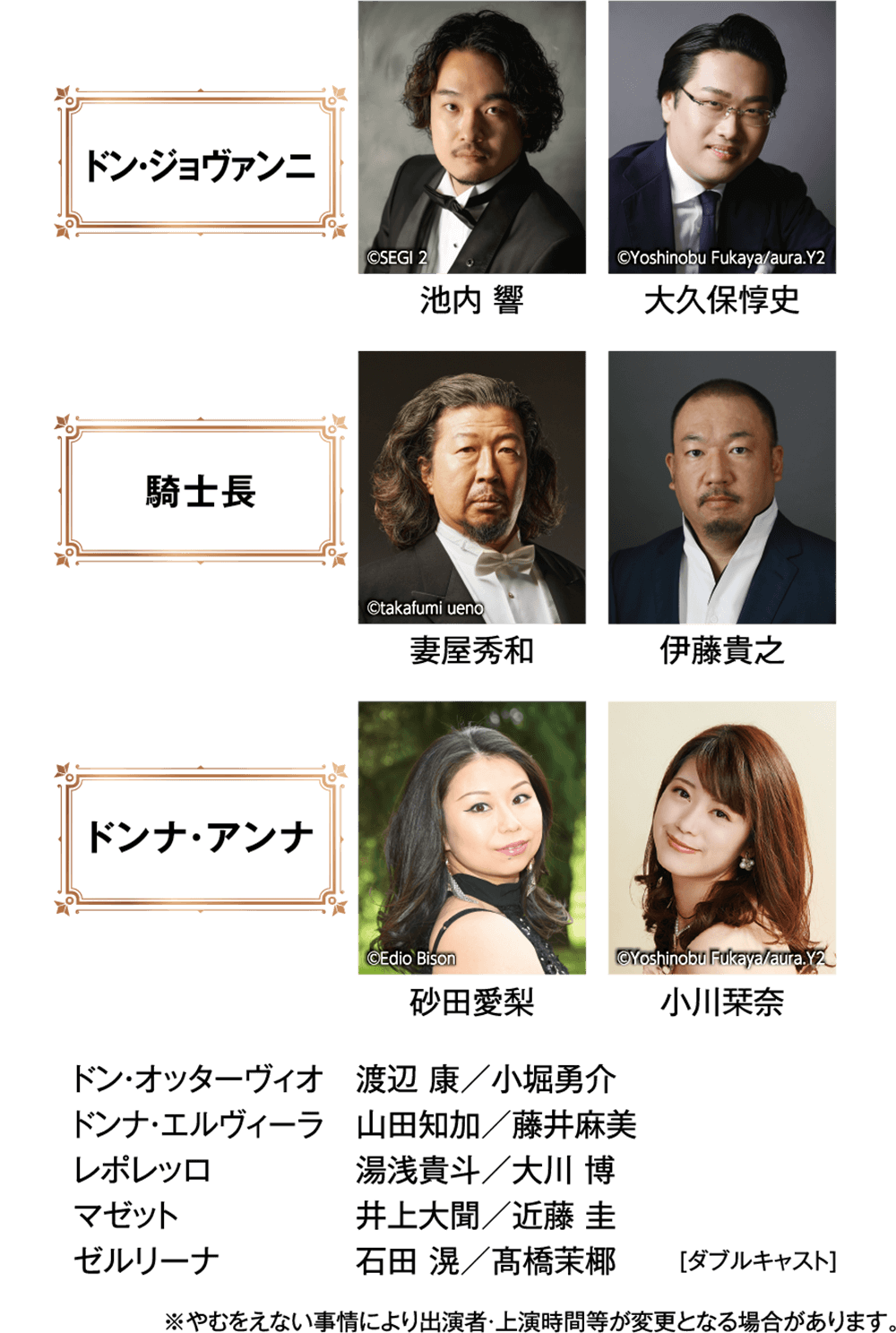画像 ドン・ジョヴァンニ 池内響 大久保惇史、騎士長 妻屋秀和 伊藤貴之、ドンナ・アンナ 砂田愛梨 小川栞奈、ドン・オッターヴィオ　 渡辺 康／小堀勇介、ドンナ・エルヴィーラ 山田知加／藤井麻美、レポレッロ 湯浅貴斗／大川 博、マゼット 井上大聞／近藤 圭FF、ゼルリーナ 石田 滉／髙橋茉椰 [ダブルキャスト] ※やむをえない事情により出演者・上演時間等が変更となる場合があります。